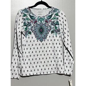 NWT Talbots Lng Sleeve Tee XS Gray with Paisley Design in vibrant Blue and Green